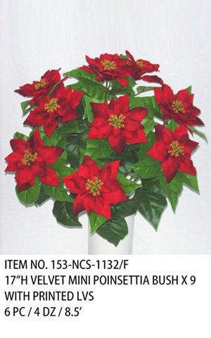 17"H VELVET MINI POINSETTIA BUSH X 9 WITH PRINTED LVS