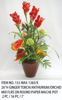26"H GINGER TORCH/ANTHURIUM/ORCHID MIX FLRS ON ROUND PAPER MACHE POT