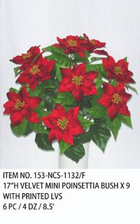 17"H VELVET MINI POINSETTIA BUSH X 9 WITH PRINTED LVS